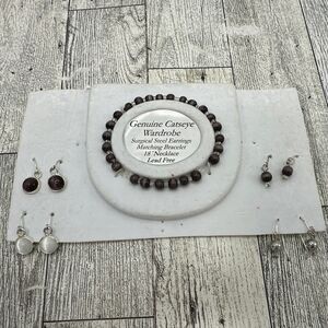 Genuine Catseye Wardrobe Fashion Jewelry Surgical Steel Earrings Bracelet Set